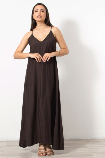 Loose Long Dress with Beads - Brown