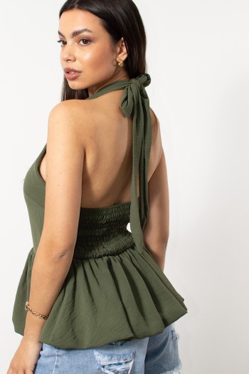 Peplum Back Tie Top - Khaki